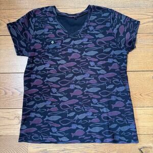 Fresh Produce Black Fish Women T Shirt SZ 1X Pocket V Neck Ocean Gorpcore Cotton